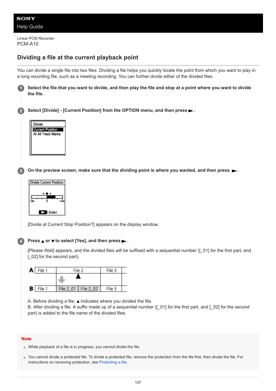 Dividing a file at the current playback point | Sony VPLL-3024 Fixed Short Throw Lens (2.34:1 to 3.19:1) User Manual | Page 137 / 259