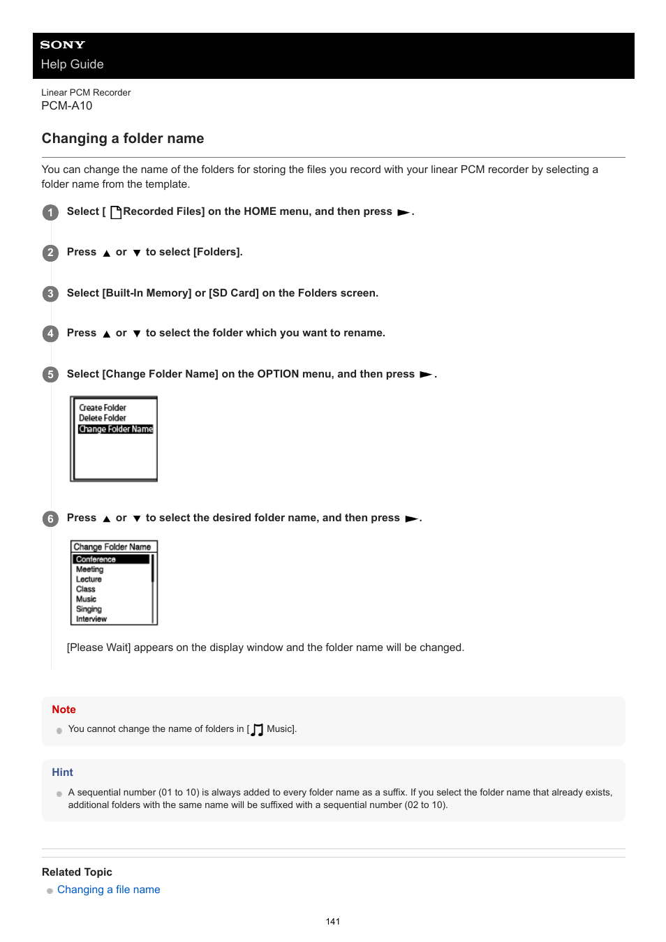 Changing a folder name | Sony VPLL-3024 Fixed Short Throw Lens (2.34:1 to 3.19:1) User Manual | Page 141 / 259