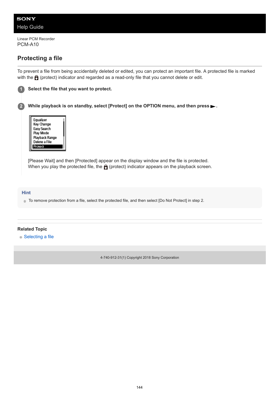 Protecting a file, Protection, see, Removing protection, see | Sony VPLL-3024 Fixed Short Throw Lens (2.34:1 to 3.19:1) User Manual | Page 144 / 259