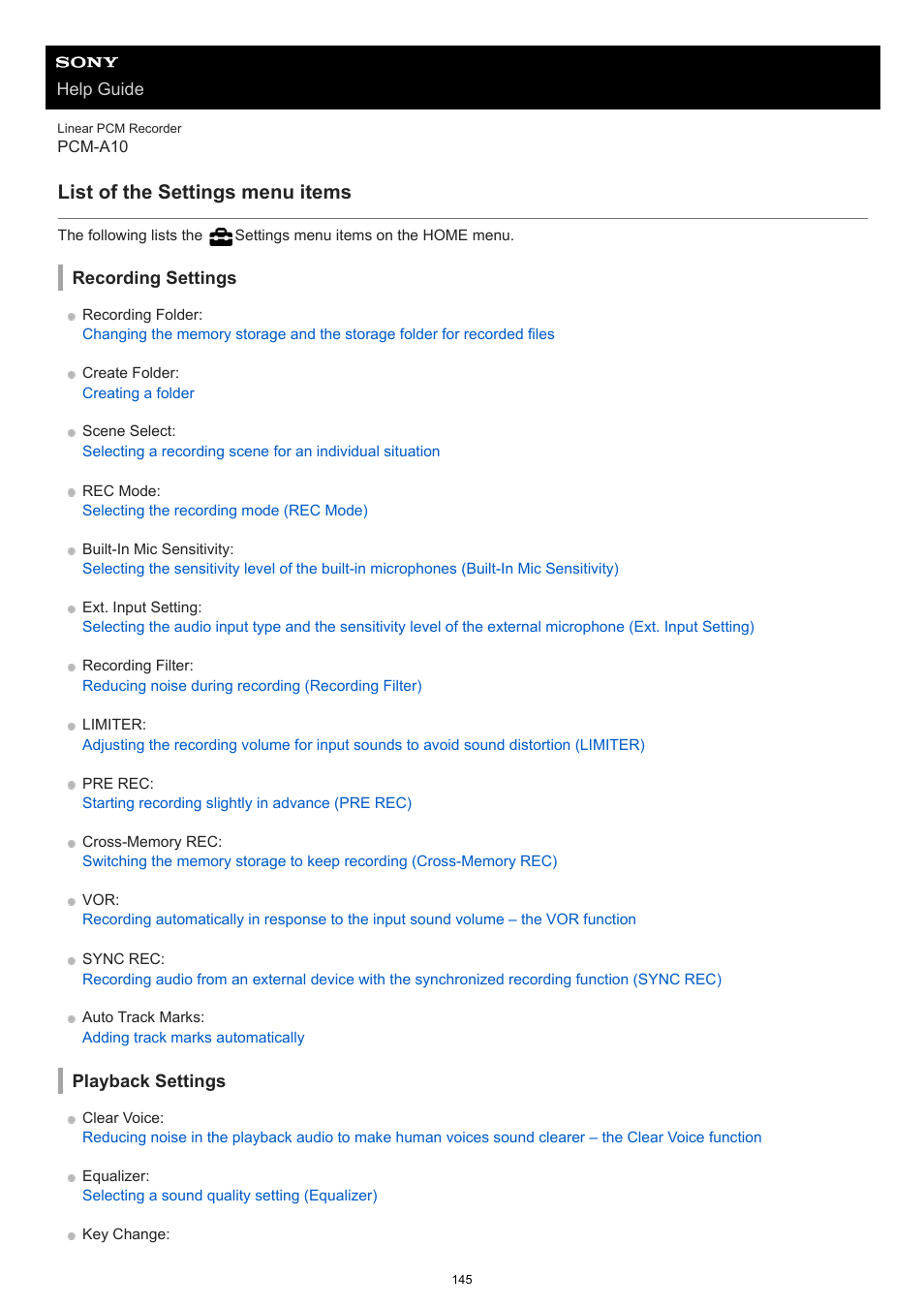 List of the settings menu items | Sony VPLL-3024 Fixed Short Throw Lens (2.34:1 to 3.19:1) User Manual | Page 145 / 259