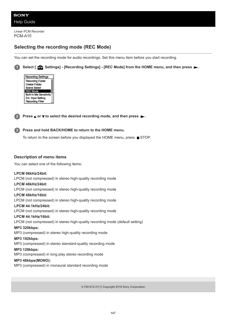 Selecting the recording mode (rec mode) | Sony VPLL-3024 Fixed Short Throw Lens (2.34:1 to 3.19:1) User Manual | Page 147 / 259