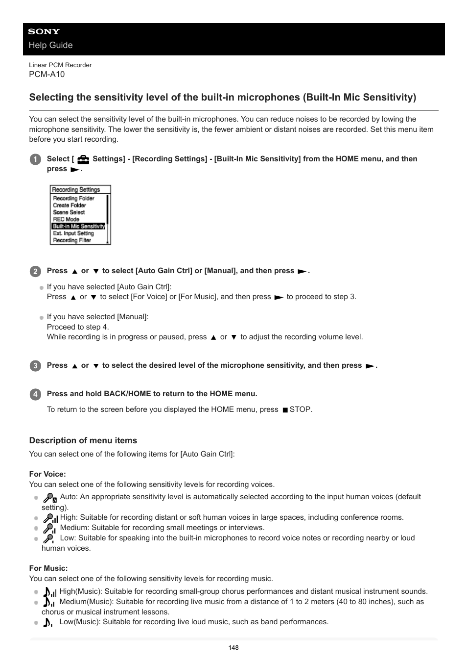 Selecting the sensitivity level of the built-in, Microphones (built-in mic sensitivity) | Sony VPLL-3024 Fixed Short Throw Lens (2.34:1 to 3.19:1) User Manual | Page 148 / 259