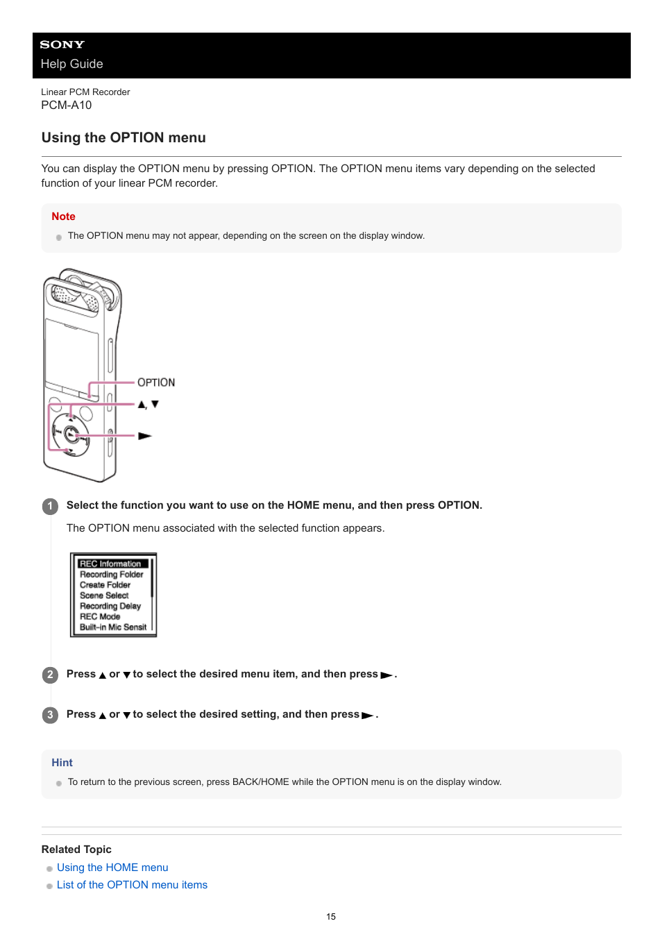 Using the option menu | Sony VPLL-3024 Fixed Short Throw Lens (2.34:1 to 3.19:1) User Manual | Page 15 / 259