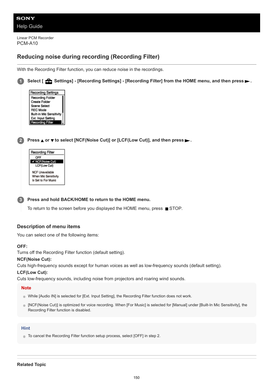 Reducing noise during recording (recording filter) | Sony VPLL-3024 Fixed Short Throw Lens (2.34:1 to 3.19:1) User Manual | Page 150 / 259