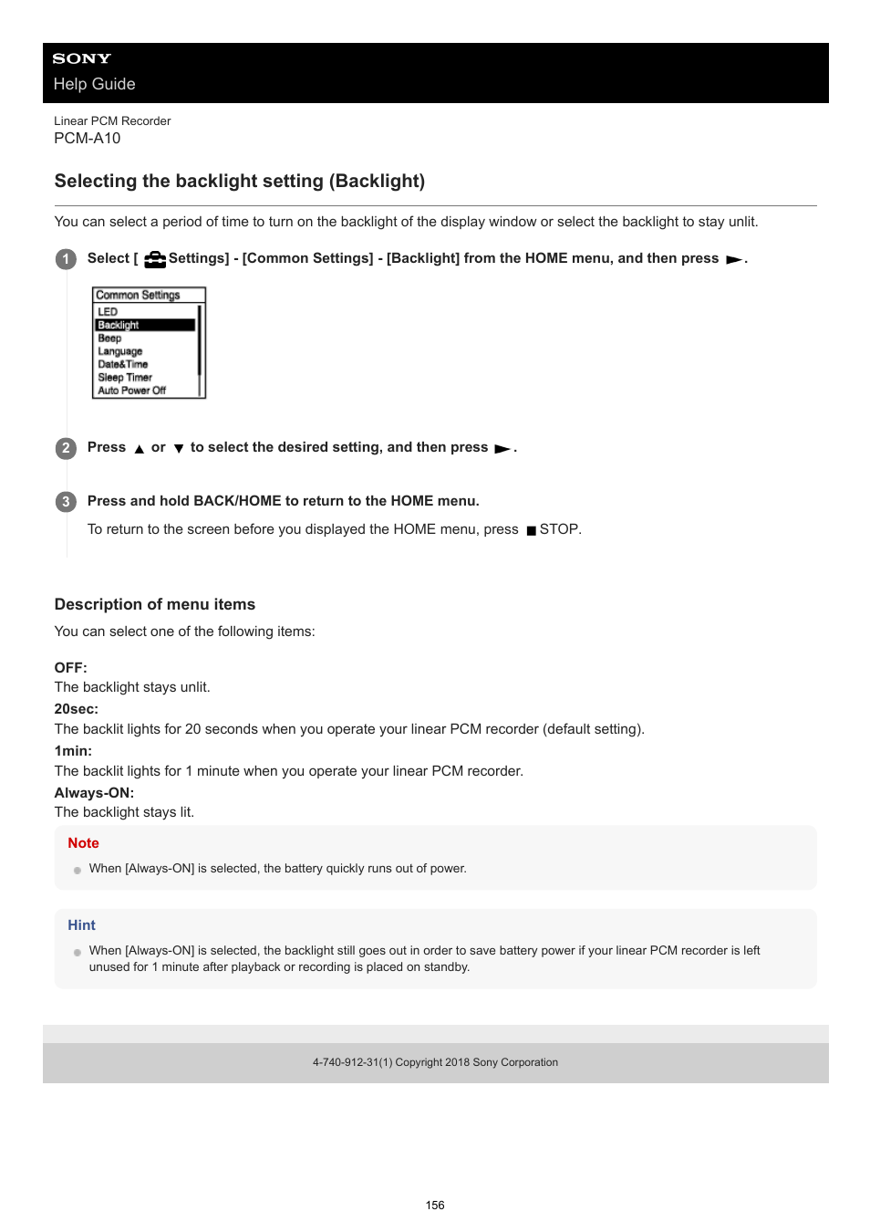 Selecting the backlight setting (backlight) | Sony VPLL-3024 Fixed Short Throw Lens (2.34:1 to 3.19:1) User Manual | Page 156 / 259