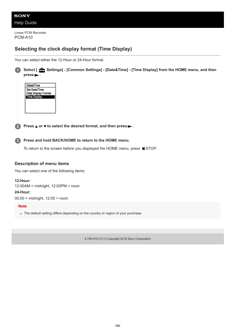 Selecting the clock display format (time display) | Sony VPLL-3024 Fixed Short Throw Lens (2.34:1 to 3.19:1) User Manual | Page 160 / 259