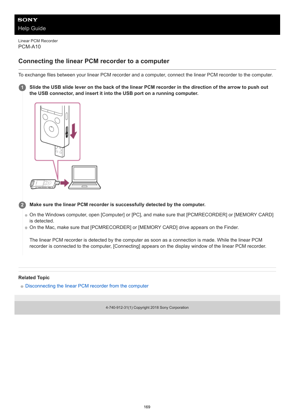 Connecting the linear pcm recorder to a computer | Sony VPLL-3024 Fixed Short Throw Lens (2.34:1 to 3.19:1) User Manual | Page 169 / 259