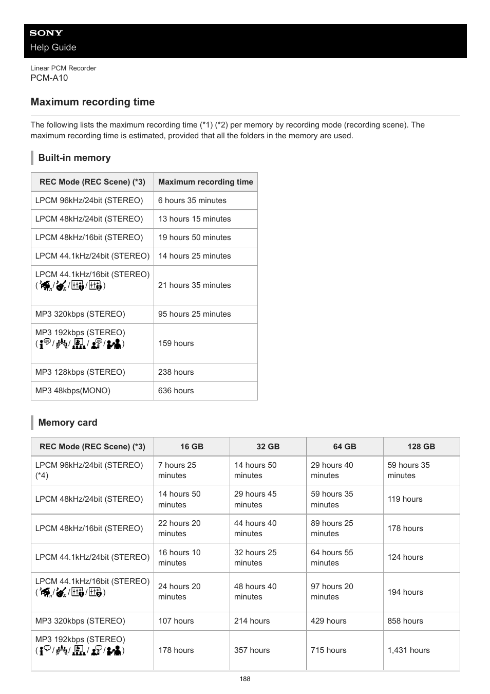 Maximum recording time | Sony VPLL-3024 Fixed Short Throw Lens (2.34:1 to 3.19:1) User Manual | Page 188 / 259