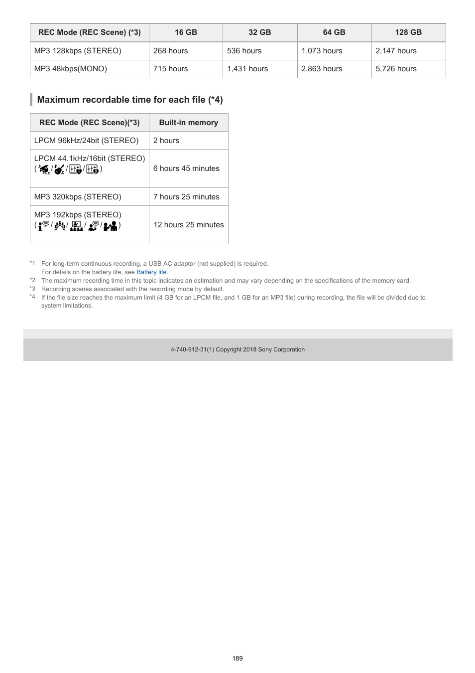 Maximum recordable time for each file (*4) | Sony VPLL-3024 Fixed Short Throw Lens (2.34:1 to 3.19:1) User Manual | Page 189 / 259