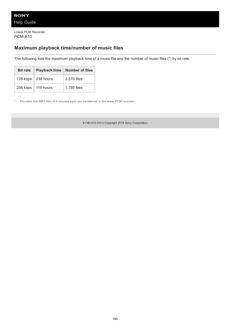 Maximum playback time/number of music files | Sony VPLL-3024 Fixed Short Throw Lens (2.34:1 to 3.19:1) User Manual | Page 190 / 259