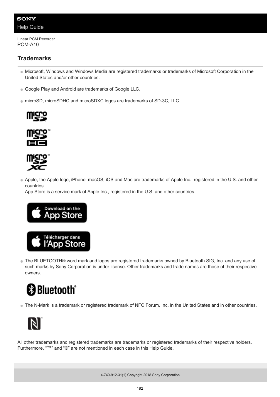 Trademarks | Sony VPLL-3024 Fixed Short Throw Lens (2.34:1 to 3.19:1) User Manual | Page 192 / 259