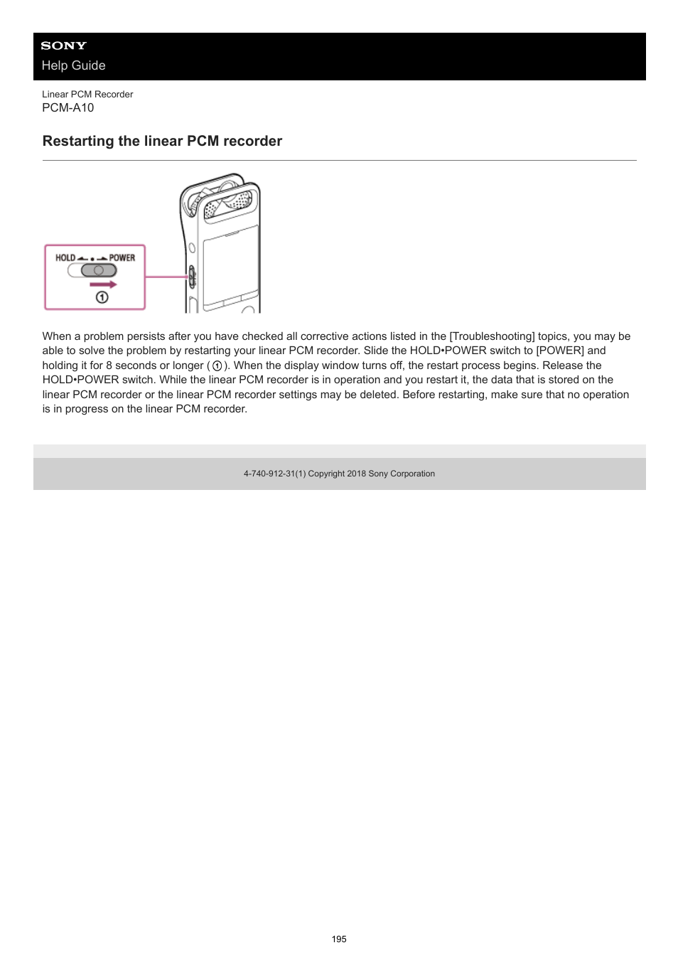 Restarting the linear pcm recorder, Restarting, The linear pcm recorder | Sony VPLL-3024 Fixed Short Throw Lens (2.34:1 to 3.19:1) User Manual | Page 195 / 259