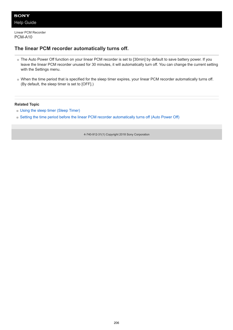 The linear pcm recorder automatically turns off | Sony VPLL-3024 Fixed Short Throw Lens (2.34:1 to 3.19:1) User Manual | Page 206 / 259