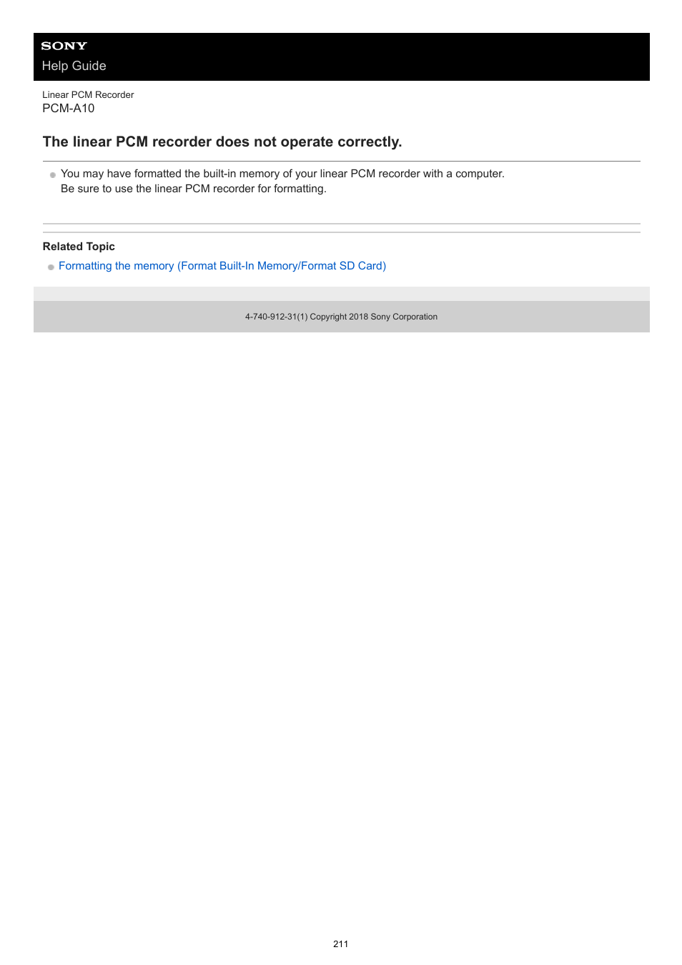 The linear pcm recorder does not operate correctly | Sony VPLL-3024 Fixed Short Throw Lens (2.34:1 to 3.19:1) User Manual | Page 211 / 259