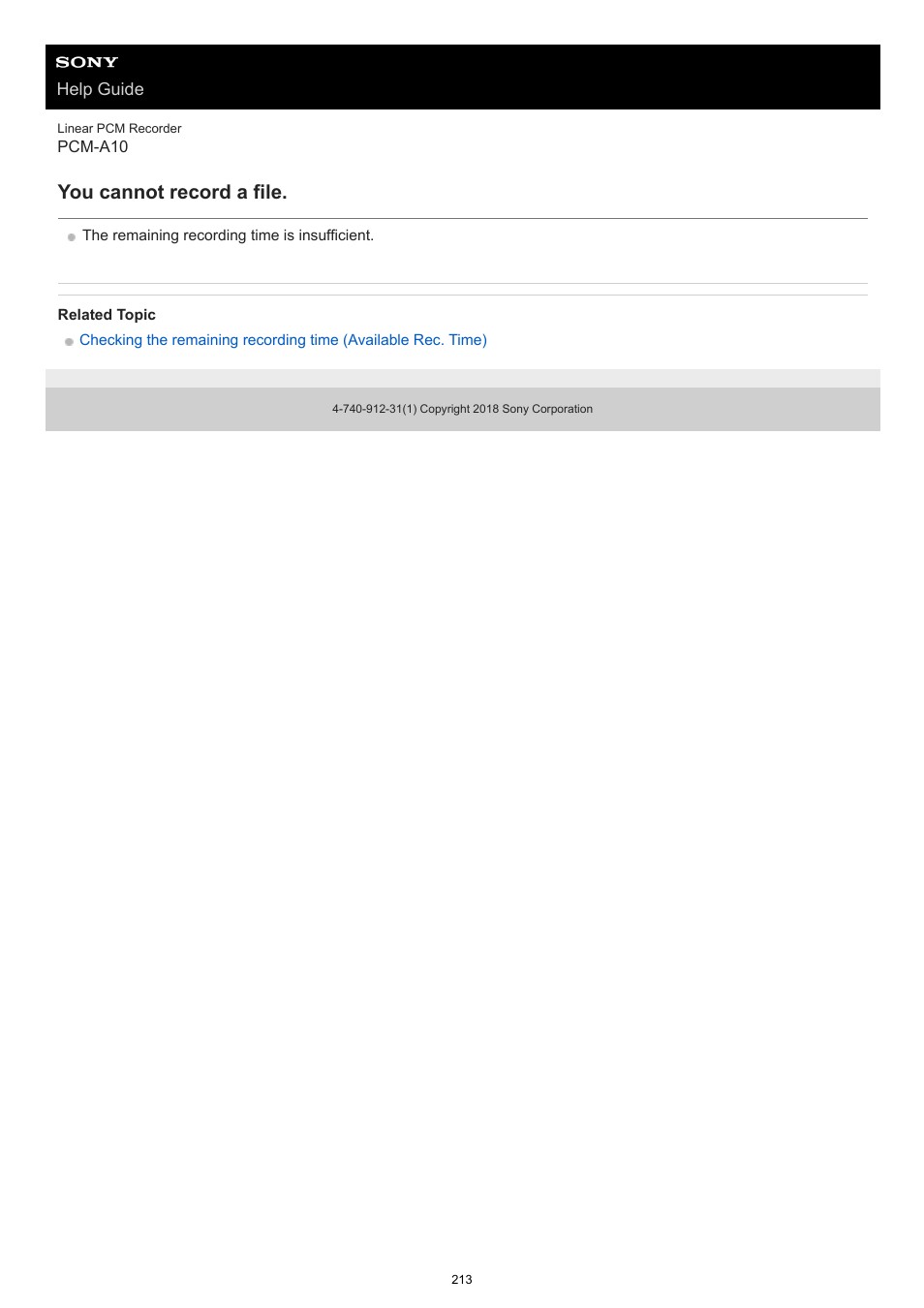 You cannot record a file | Sony VPLL-3024 Fixed Short Throw Lens (2.34:1 to 3.19:1) User Manual | Page 213 / 259