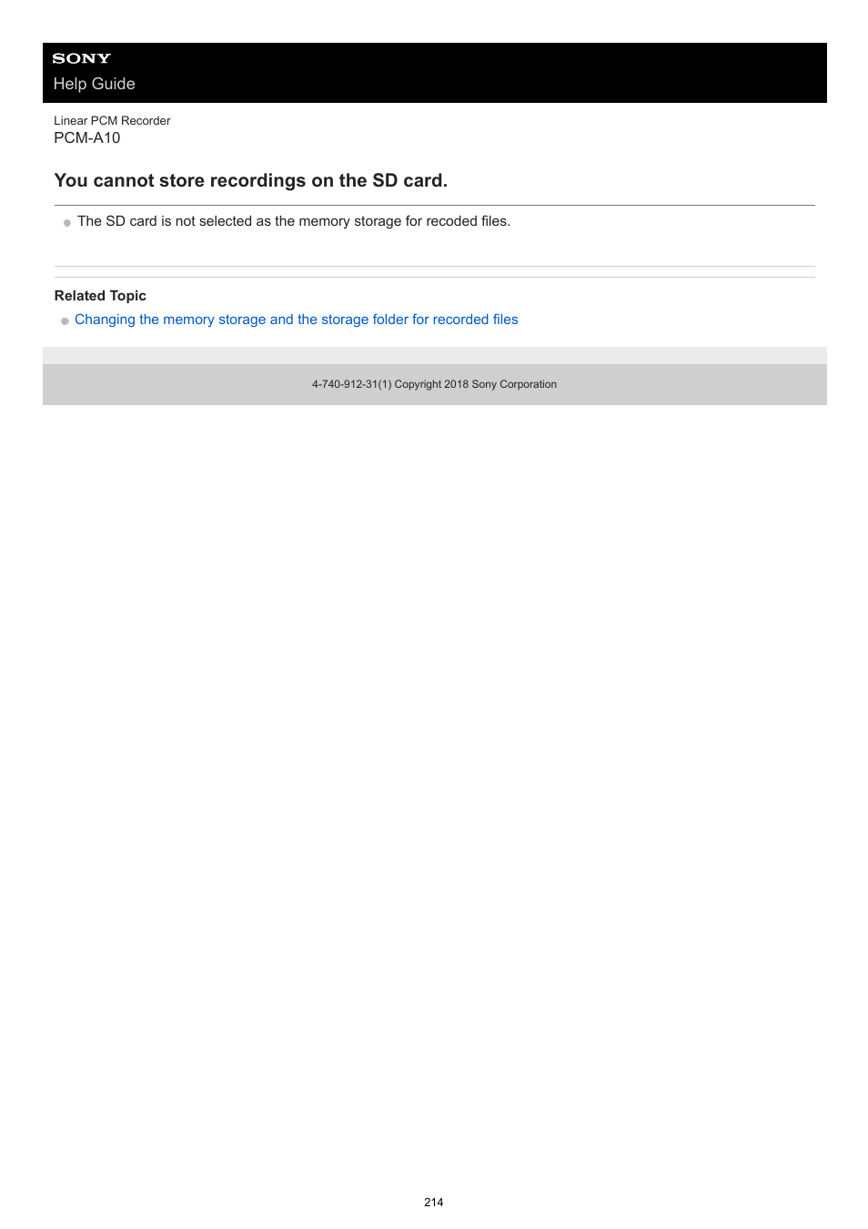 You cannot store recordings on the sd card | Sony VPLL-3024 Fixed Short Throw Lens (2.34:1 to 3.19:1) User Manual | Page 214 / 259