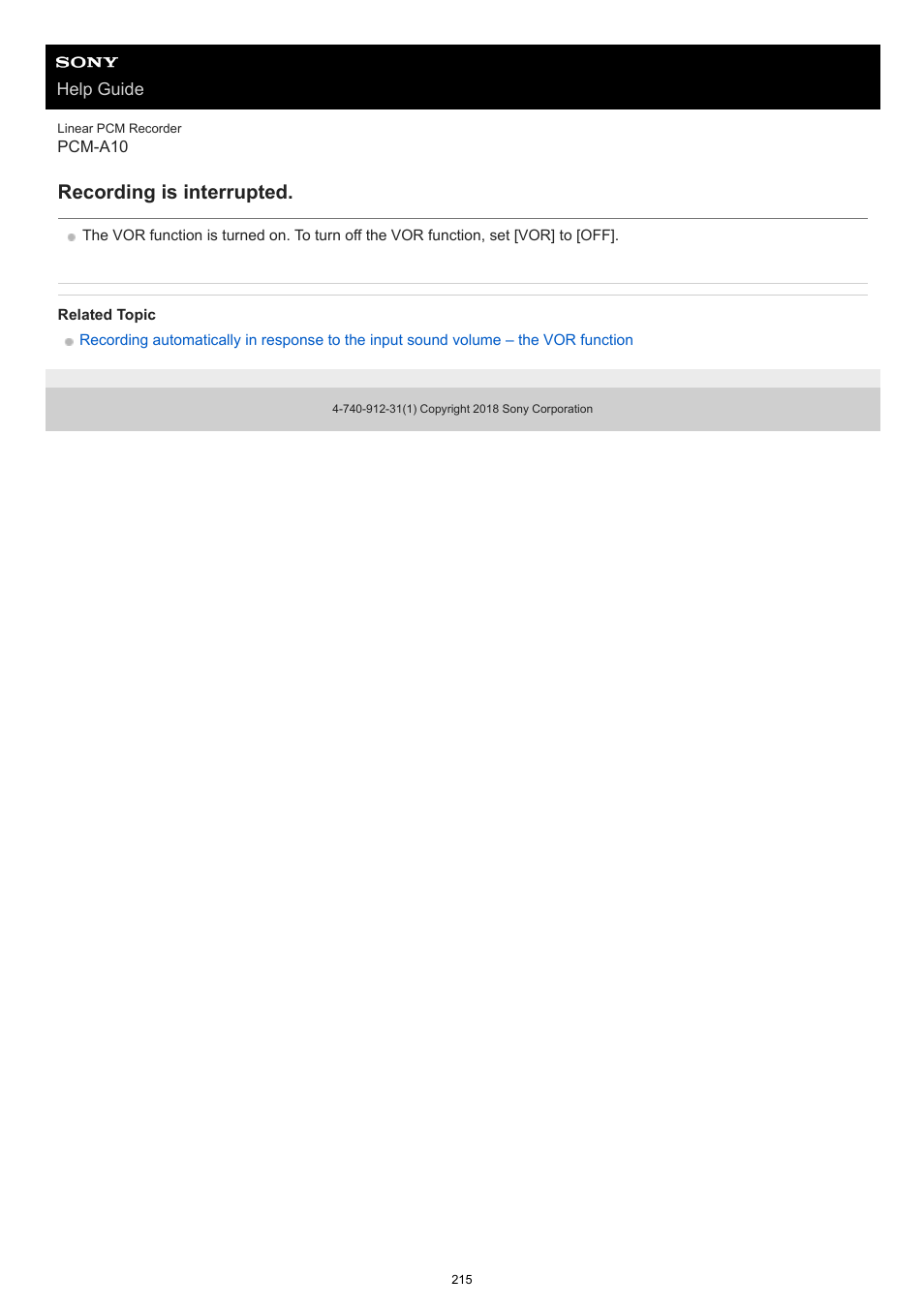 Recording is interrupted | Sony VPLL-3024 Fixed Short Throw Lens (2.34:1 to 3.19:1) User Manual | Page 215 / 259