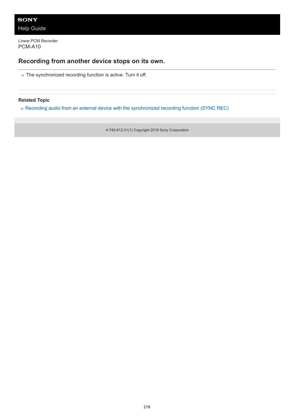 Recording from another device stops on its own | Sony VPLL-3024 Fixed Short Throw Lens (2.34:1 to 3.19:1) User Manual | Page 218 / 259