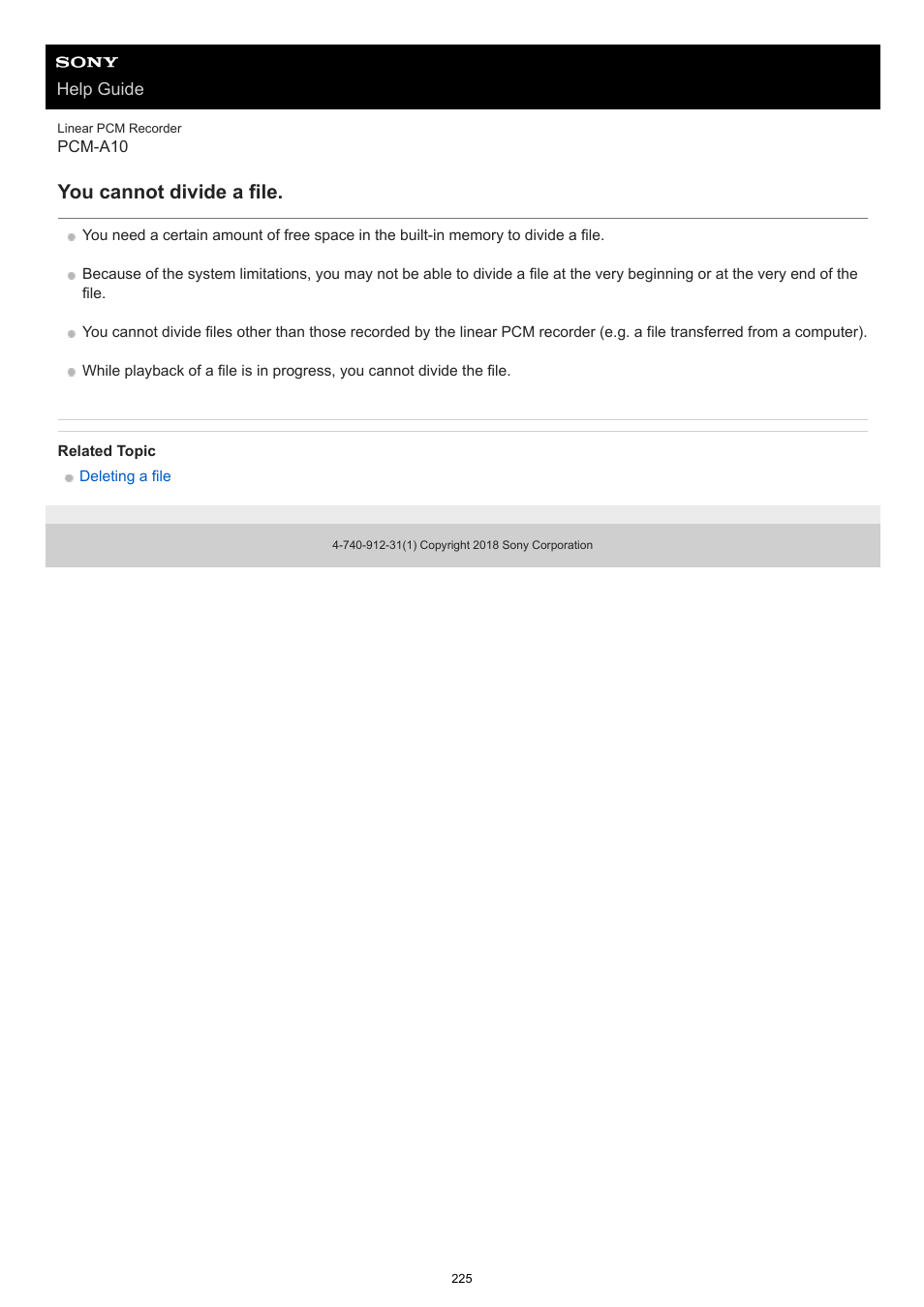 You cannot divide a file | Sony VPLL-3024 Fixed Short Throw Lens (2.34:1 to 3.19:1) User Manual | Page 225 / 259