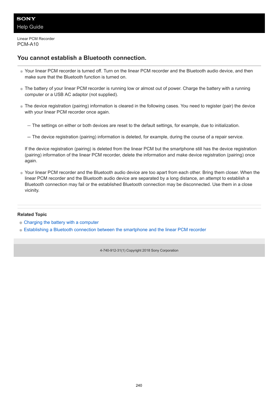 You cannot establish a bluetooth connection | Sony VPLL-3024 Fixed Short Throw Lens (2.34:1 to 3.19:1) User Manual | Page 240 / 259