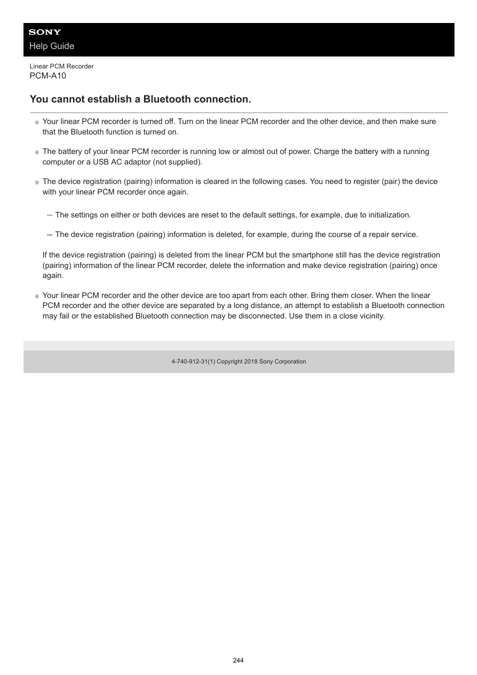 You cannot establish a bluetooth connection | Sony VPLL-3024 Fixed Short Throw Lens (2.34:1 to 3.19:1) User Manual | Page 244 / 259