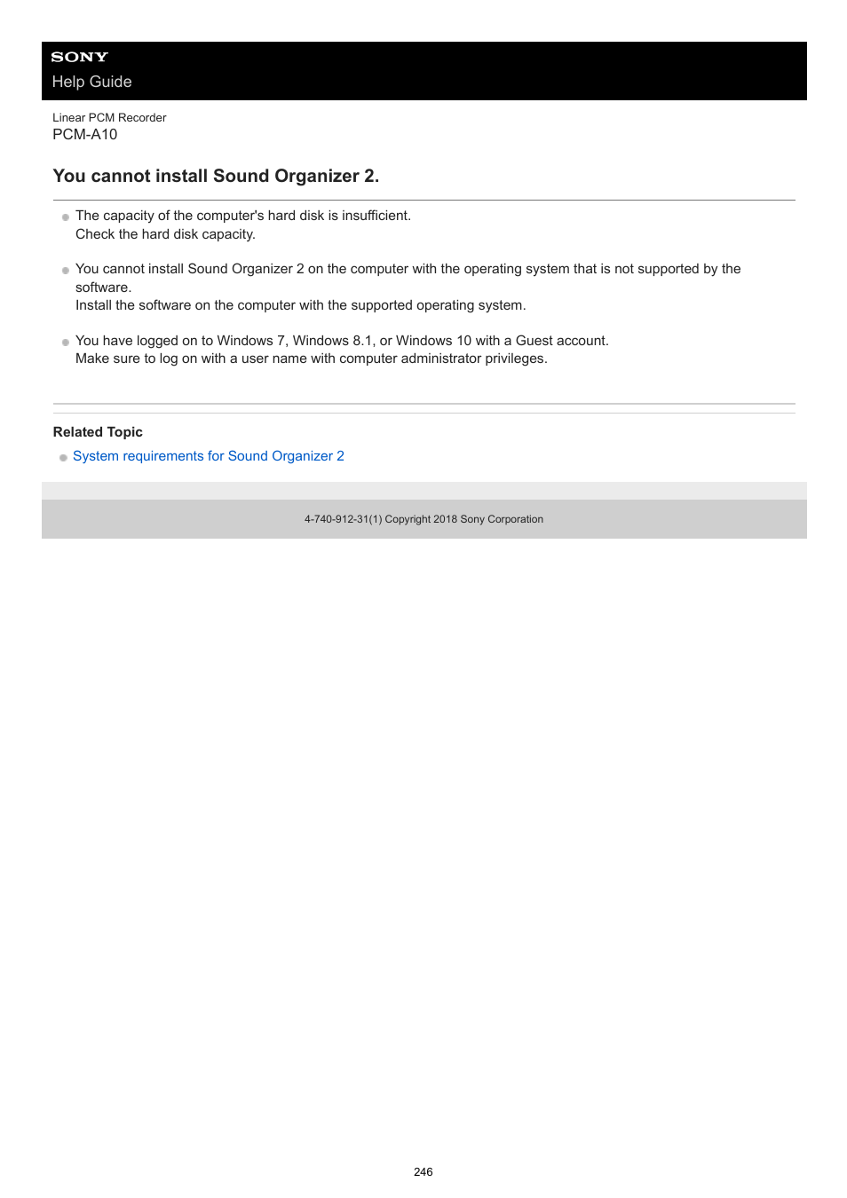 You cannot install sound organizer 2 | Sony VPLL-3024 Fixed Short Throw Lens (2.34:1 to 3.19:1) User Manual | Page 246 / 259