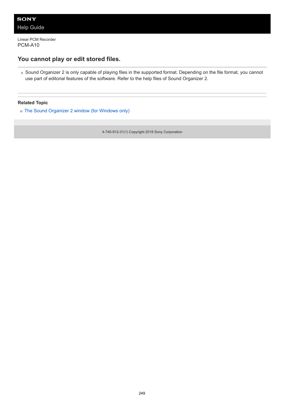 You cannot play or edit stored files | Sony VPLL-3024 Fixed Short Throw Lens (2.34:1 to 3.19:1) User Manual | Page 249 / 259