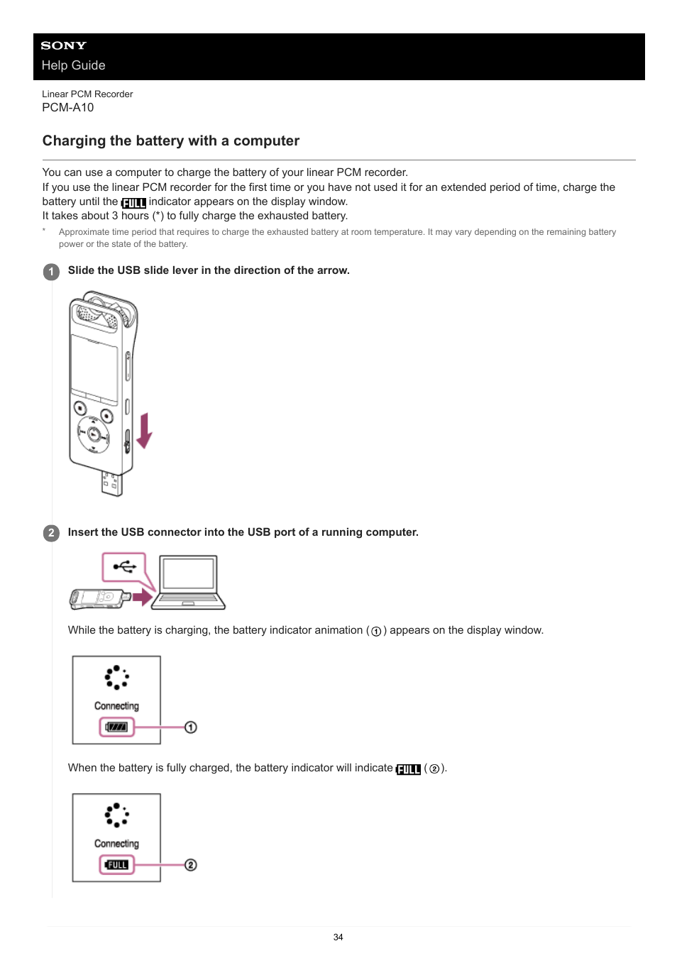 Charging the battery with a computer | Sony VPLL-3024 Fixed Short Throw Lens (2.34:1 to 3.19:1) User Manual | Page 34 / 259
