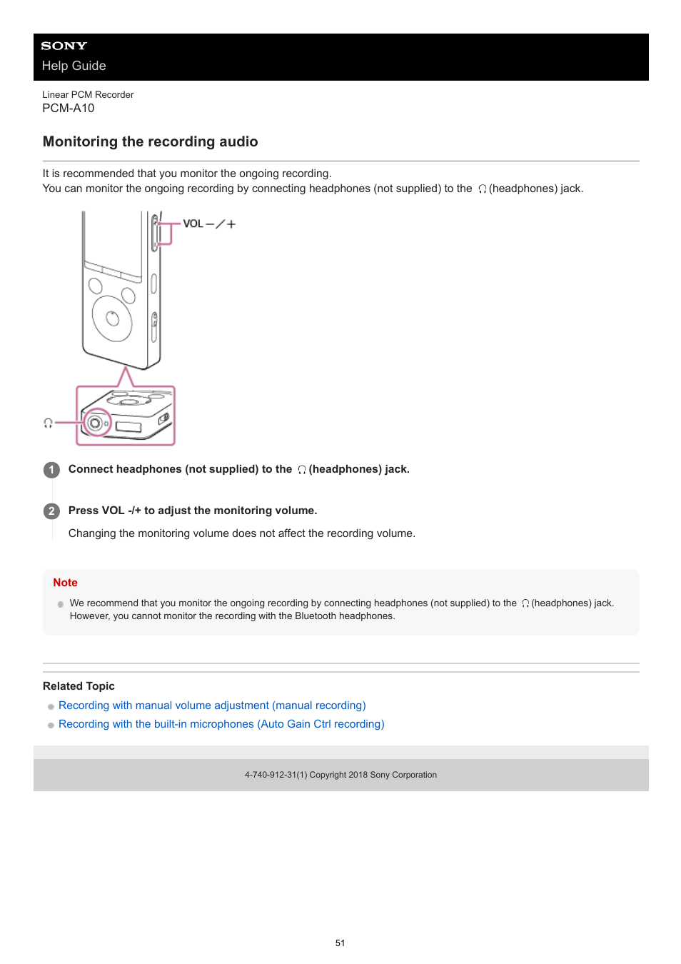 Monitoring the recording audio | Sony VPLL-3024 Fixed Short Throw Lens (2.34:1 to 3.19:1) User Manual | Page 51 / 259