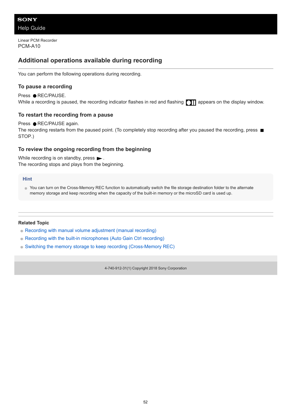 Additional operations available during recording | Sony VPLL-3024 Fixed Short Throw Lens (2.34:1 to 3.19:1) User Manual | Page 52 / 259