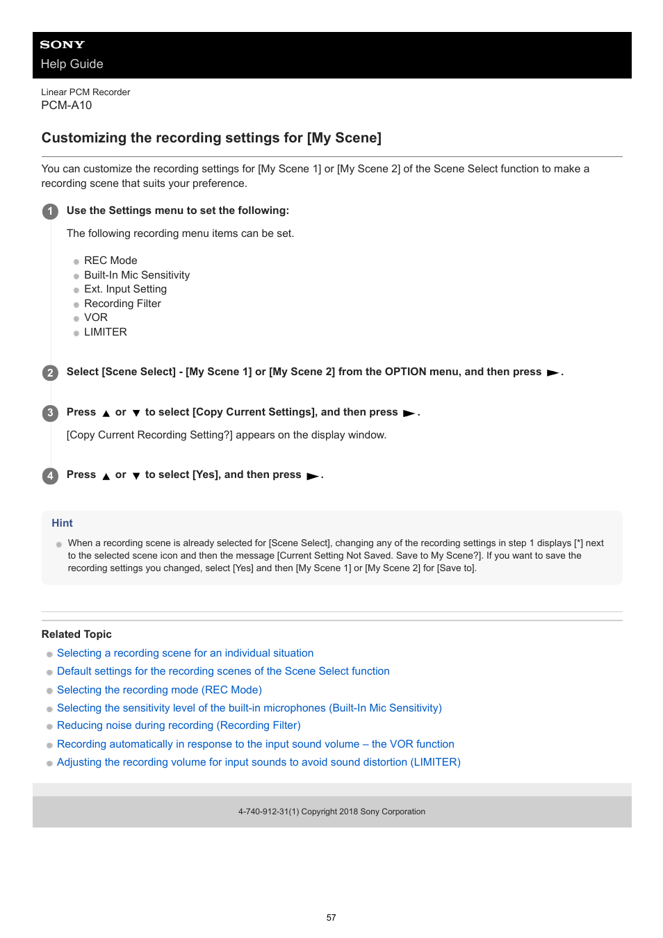 Customizing the recording settings for [my scene | Sony VPLL-3024 Fixed Short Throw Lens (2.34:1 to 3.19:1) User Manual | Page 57 / 259