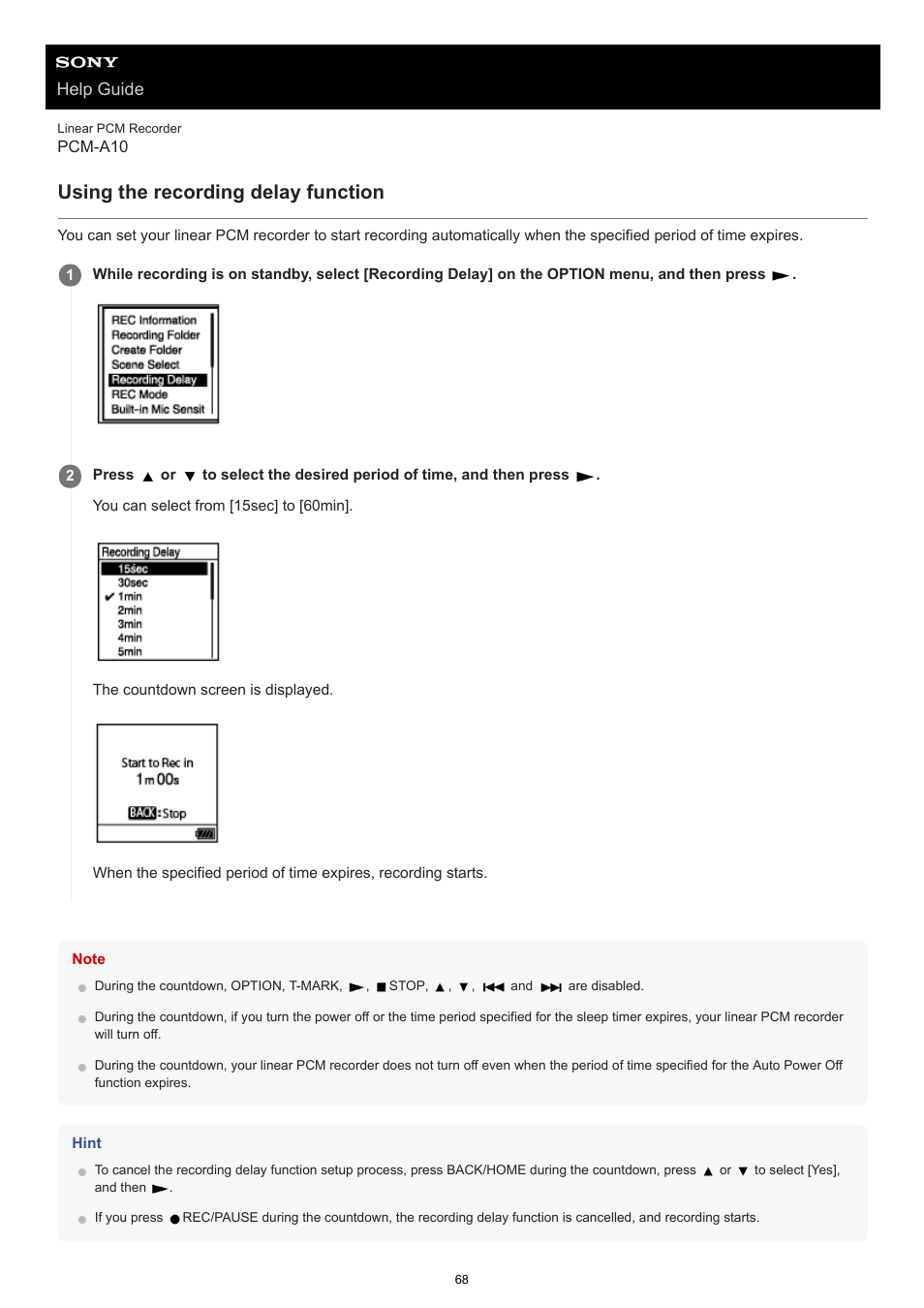 Using the recording delay function, Help guide | Sony VPLL-3024 Fixed Short Throw Lens (2.34:1 to 3.19:1) User Manual | Page 68 / 259