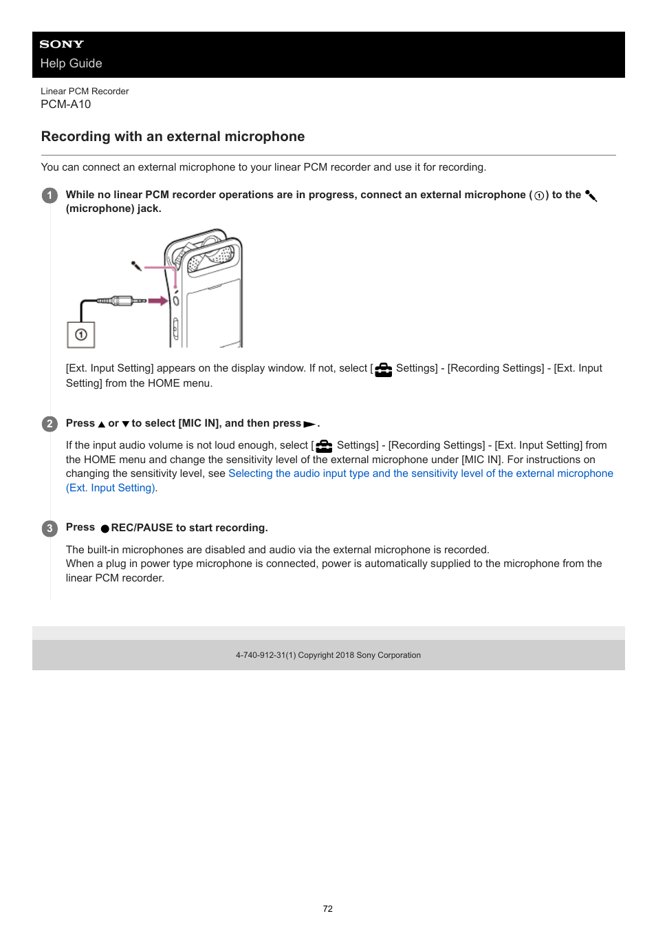 Recording with an external microphone | Sony VPLL-3024 Fixed Short Throw Lens (2.34:1 to 3.19:1) User Manual | Page 72 / 259