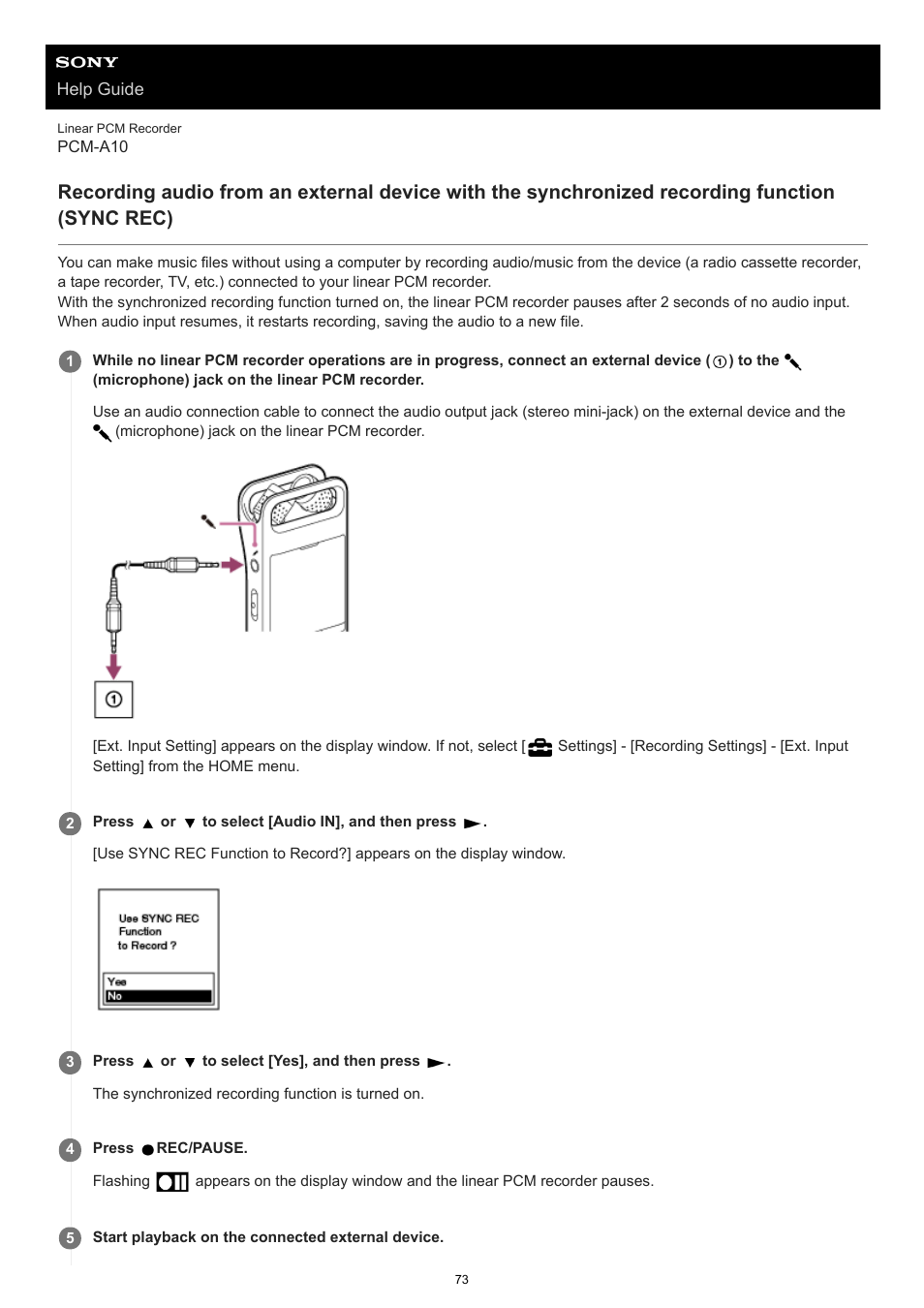 Recording function (sync rec) | Sony VPLL-3024 Fixed Short Throw Lens (2.34:1 to 3.19:1) User Manual | Page 73 / 259