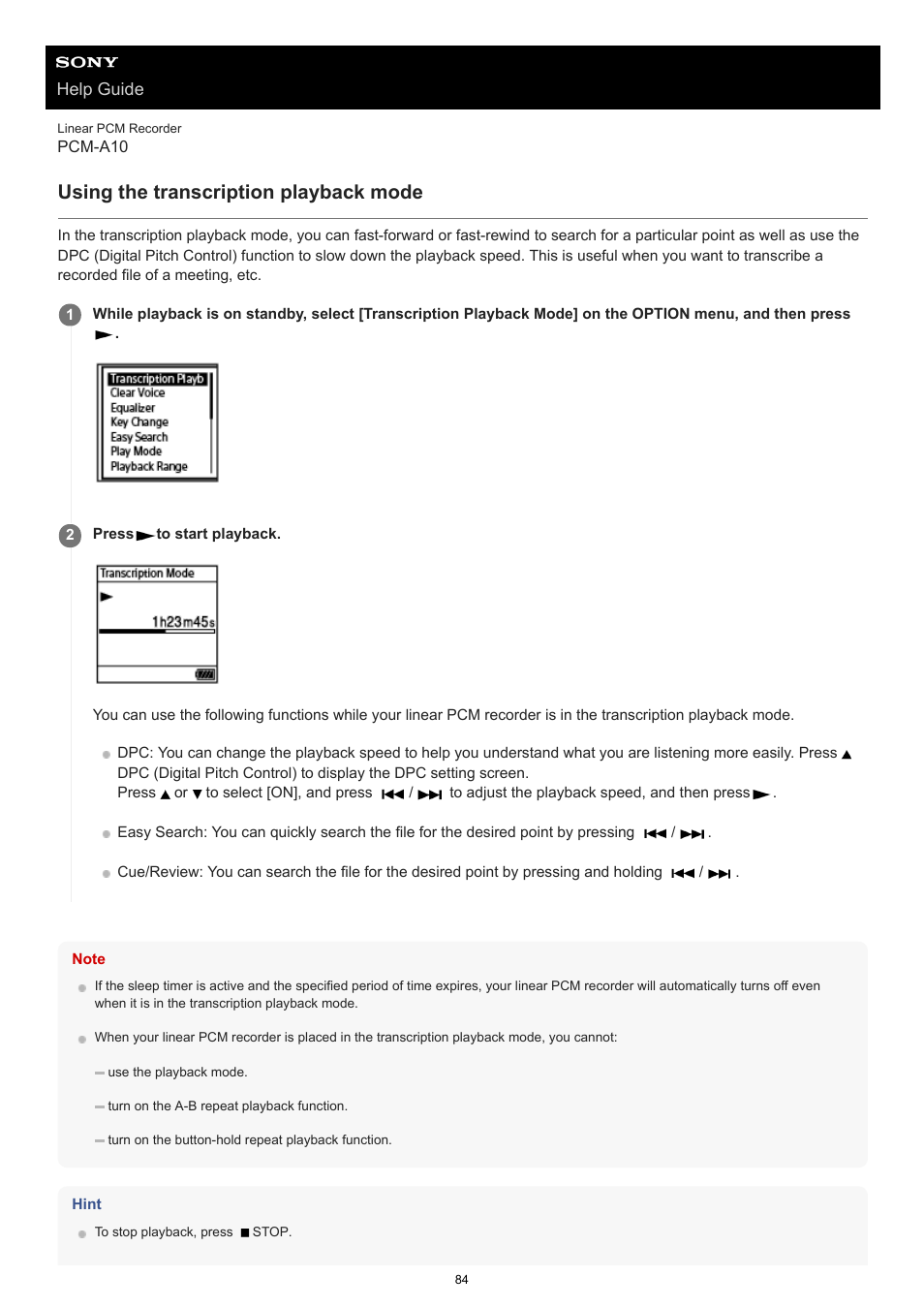 Using the transcription playback mode | Sony VPLL-3024 Fixed Short Throw Lens (2.34:1 to 3.19:1) User Manual | Page 84 / 259