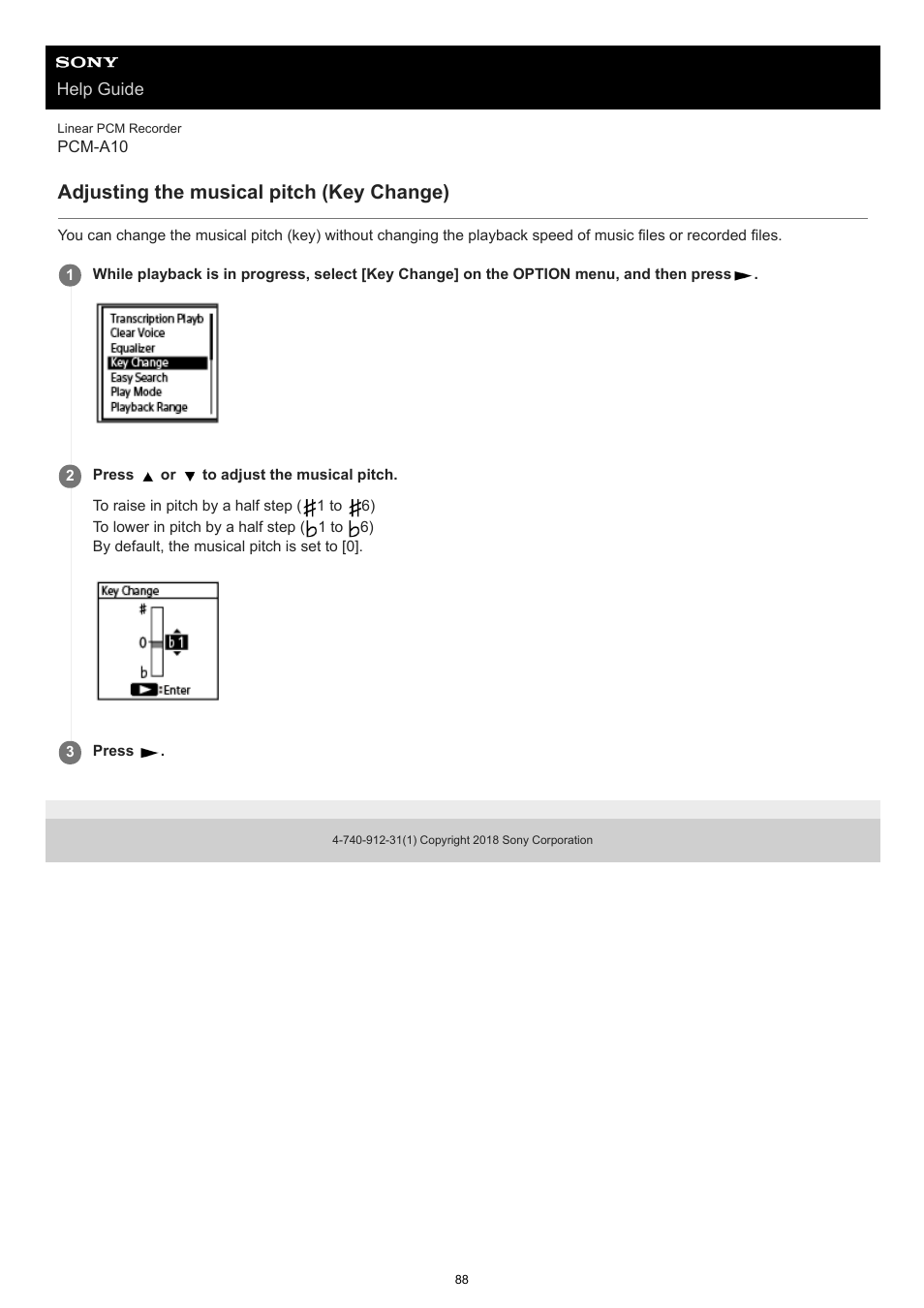 Adjusting the musical pitch (key change) | Sony VPLL-3024 Fixed Short Throw Lens (2.34:1 to 3.19:1) User Manual | Page 88 / 259