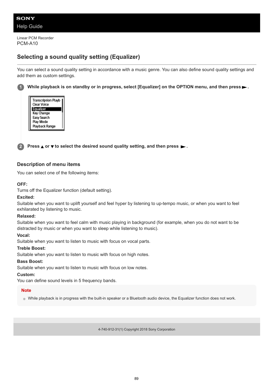 Selecting a sound quality setting (equalizer) | Sony VPLL-3024 Fixed Short Throw Lens (2.34:1 to 3.19:1) User Manual | Page 89 / 259