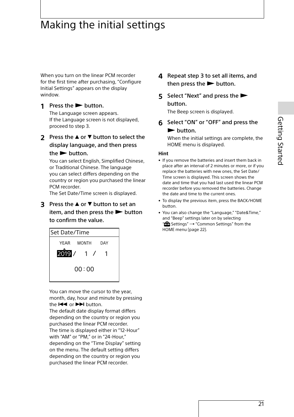 Making the initial settings, Ge tting s tar te d | Sony MAS-A100 IP-Based Ceiling Beamforming Microphone User Manual | Page 21 / 100