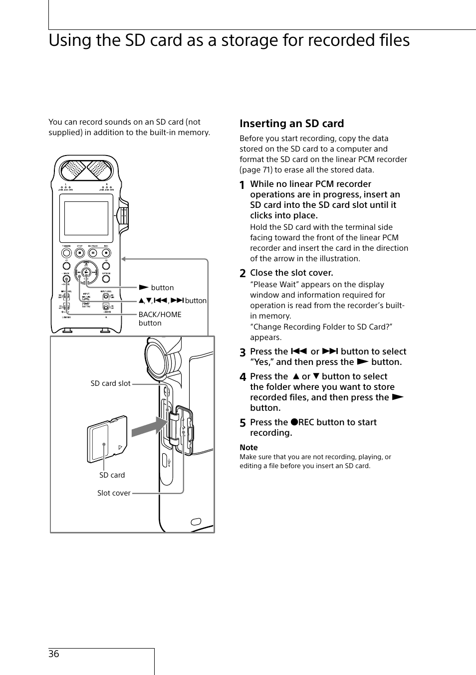 Using the sd card as a storage for recorded files, Inserting an sd card | Sony MAS-A100 IP-Based Ceiling Beamforming Microphone User Manual | Page 36 / 100