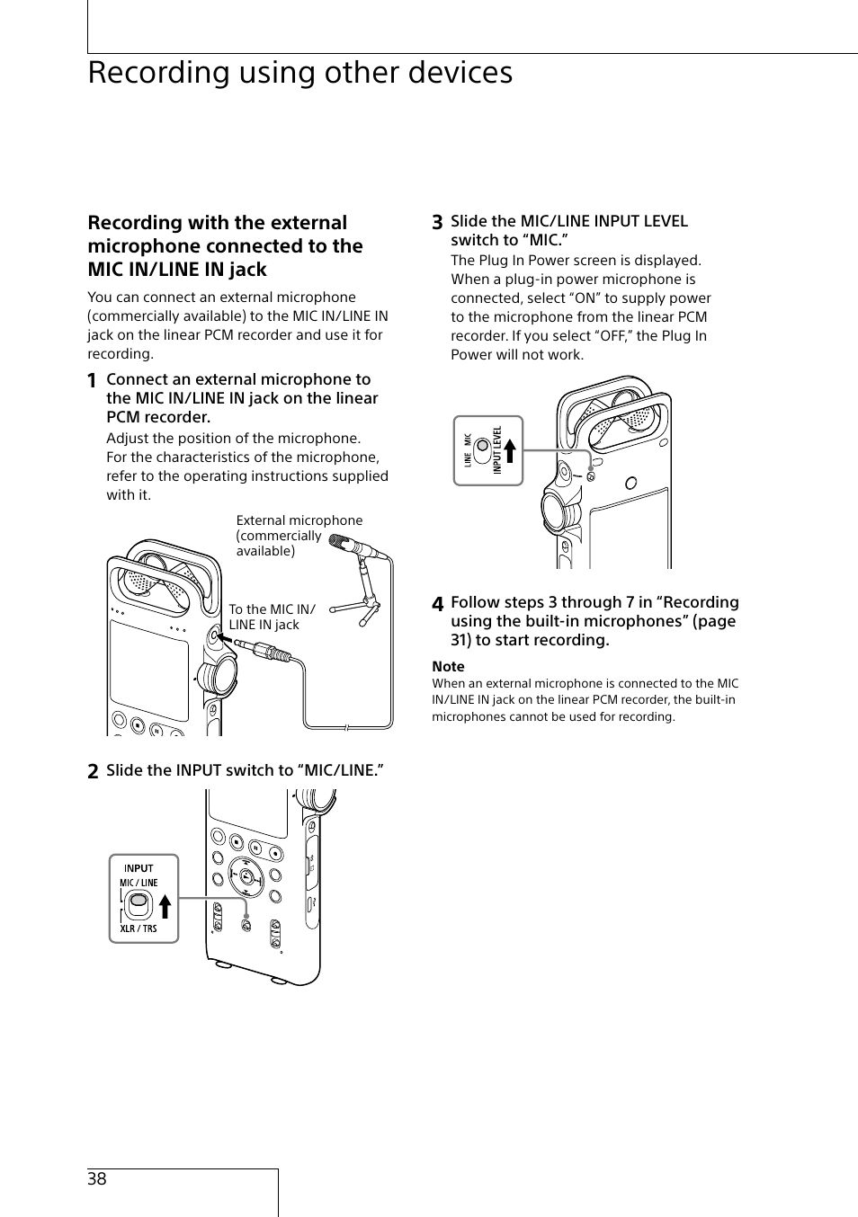 Recording using other devices, Recording with the external microphone connected, To the mic in/line in jack | Sony MAS-A100 IP-Based Ceiling Beamforming Microphone User Manual | Page 38 / 100