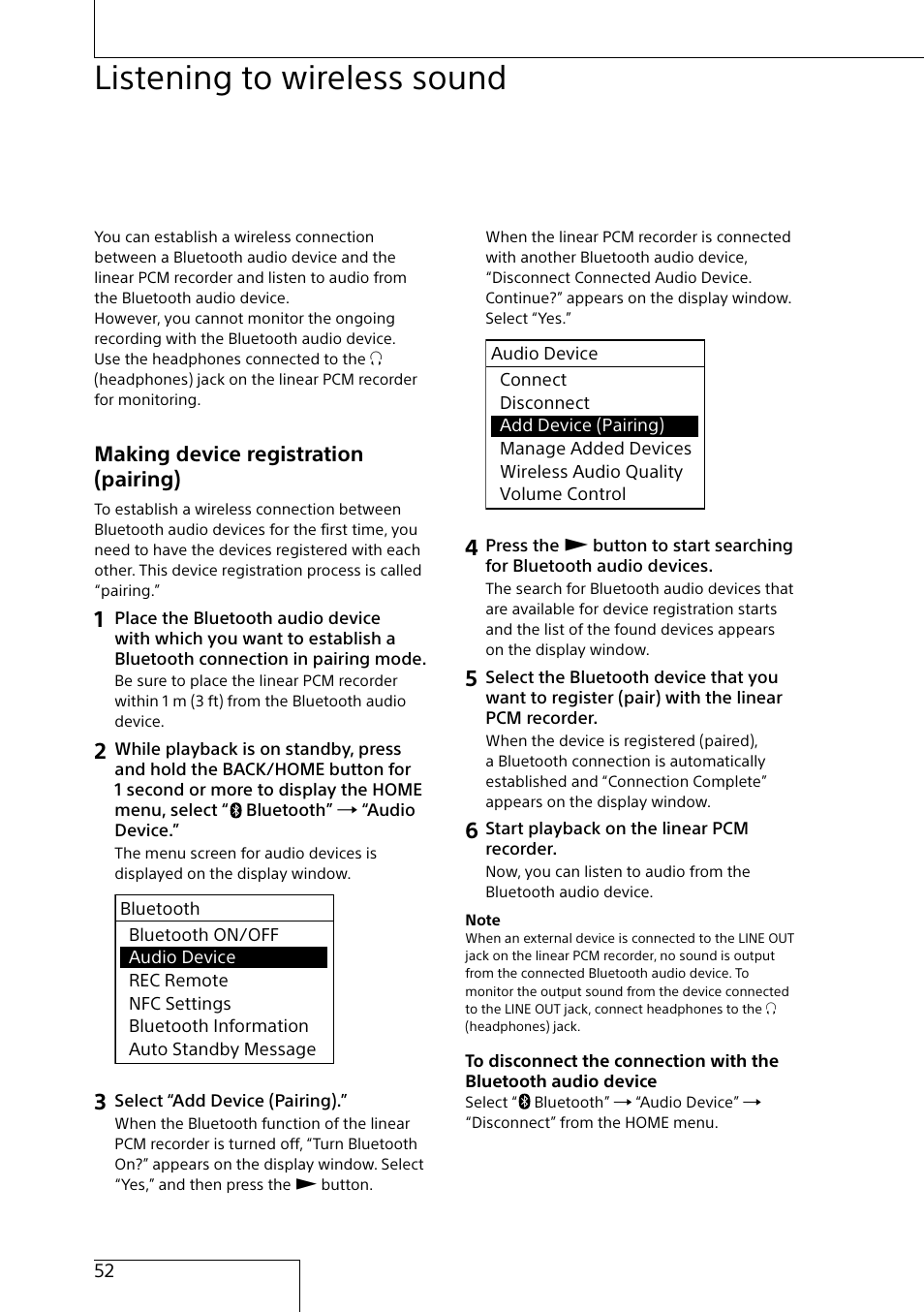 Using bluetooth® function, Listening to wireless sound, Making device registration (pairing) | Sony MAS-A100 IP-Based Ceiling Beamforming Microphone User Manual | Page 52 / 100