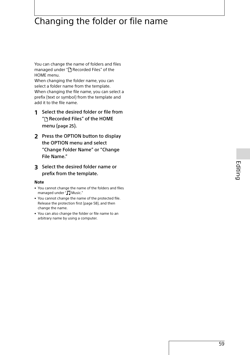 Changing the folder or file name, Editing | Sony MAS-A100 IP-Based Ceiling Beamforming Microphone User Manual | Page 59 / 100