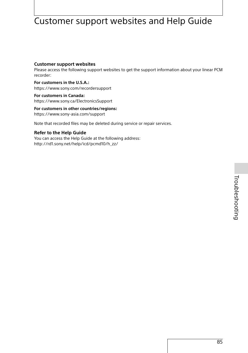 Customer support websites and help guide, Troubleshoo ting | Sony MAS-A100 IP-Based Ceiling Beamforming Microphone User Manual | Page 85 / 100