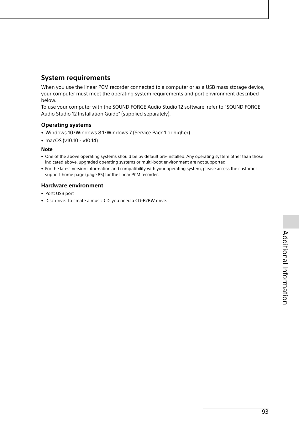 Additional inf orma tion, System requirements | Sony MAS-A100 IP-Based Ceiling Beamforming Microphone User Manual | Page 93 / 100