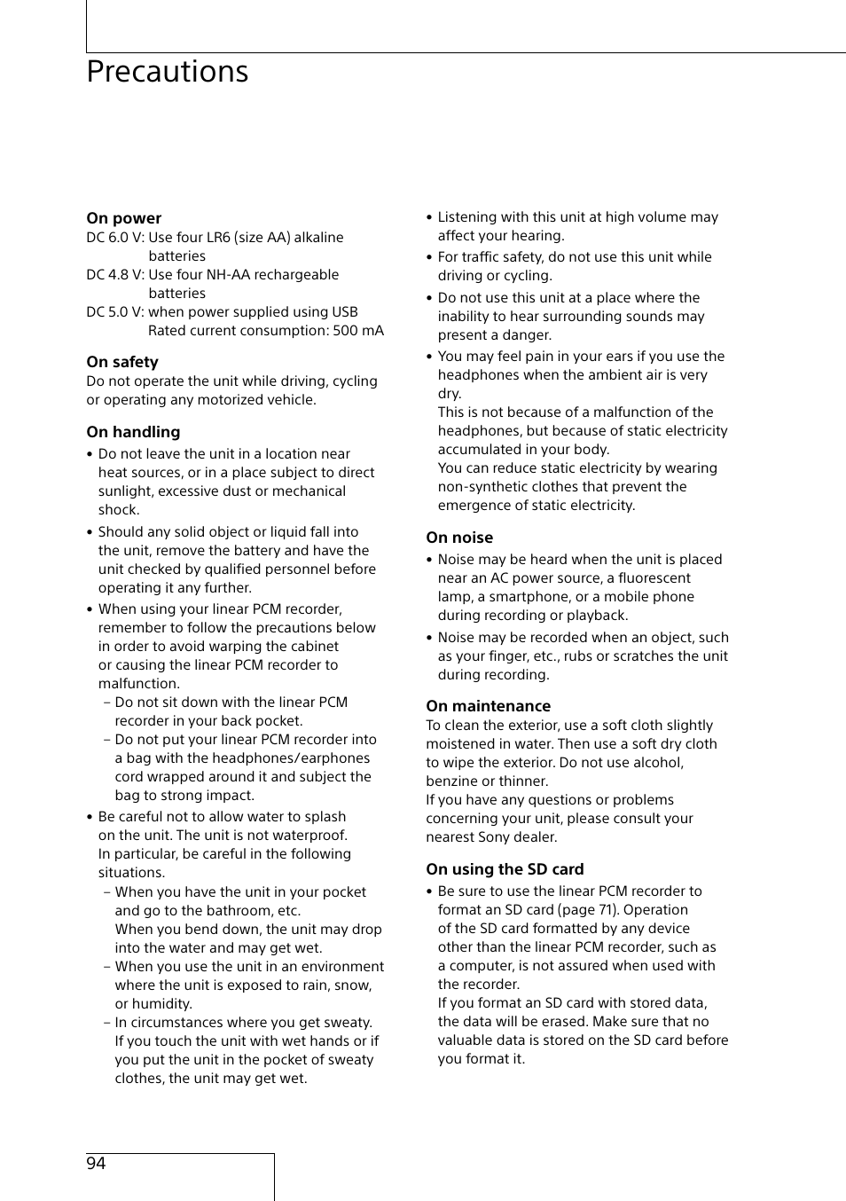 Precautions | Sony MAS-A100 IP-Based Ceiling Beamforming Microphone User Manual | Page 94 / 100