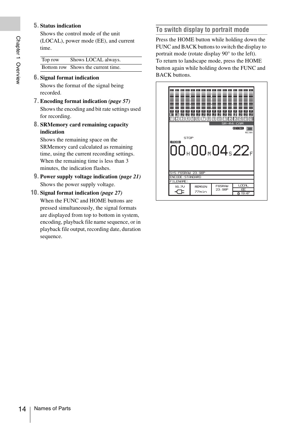 Names of parts, Chapt er 1 ov er v ie w | Sony VCT-SGR1 Shooting Grip User Manual | Page 14 / 61