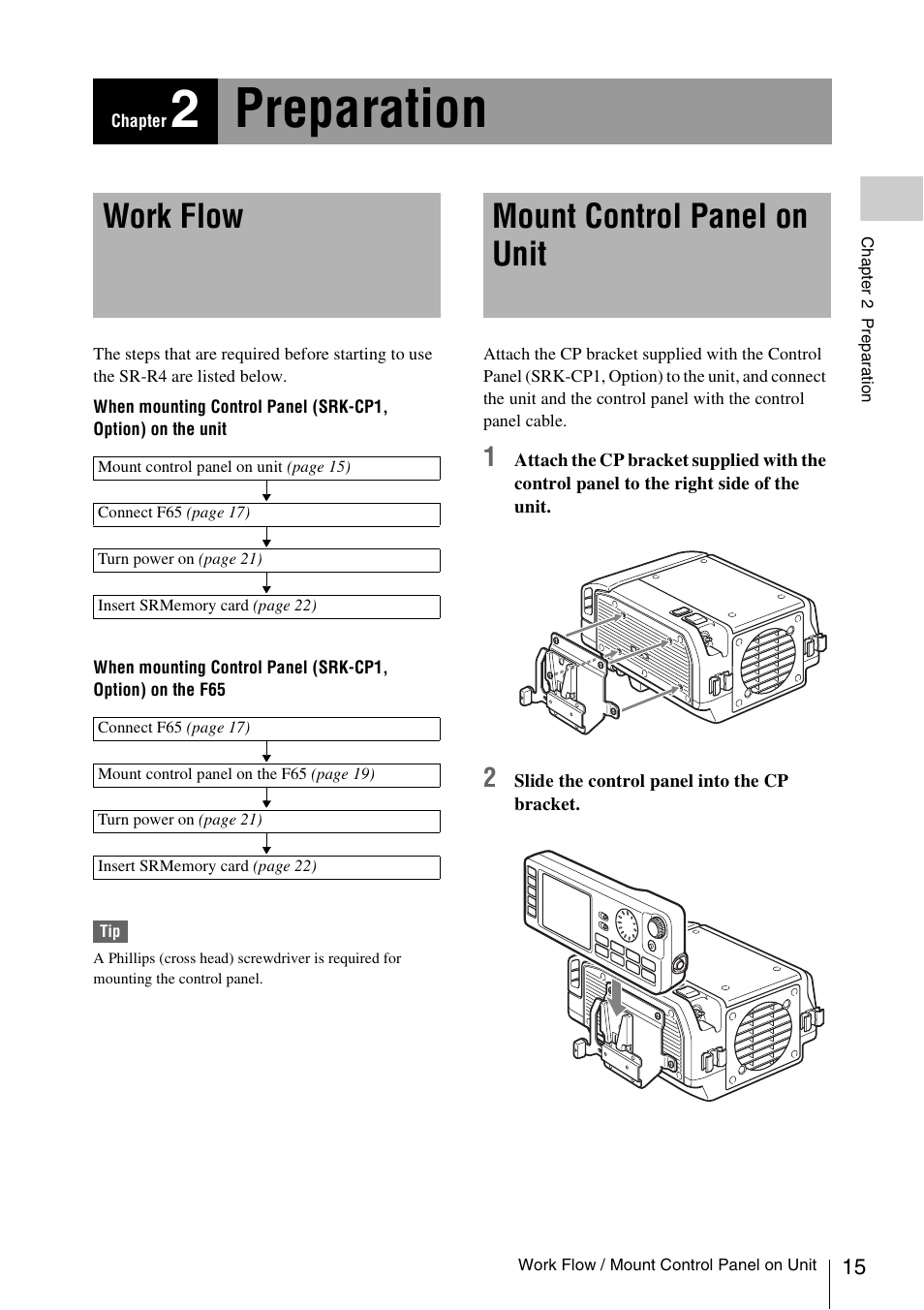 Chapter 2 preparation, Work flow, Mount control panel on unit | Chapter 2 : preparation, 2preparation | Sony VCT-SGR1 Shooting Grip User Manual | Page 15 / 61