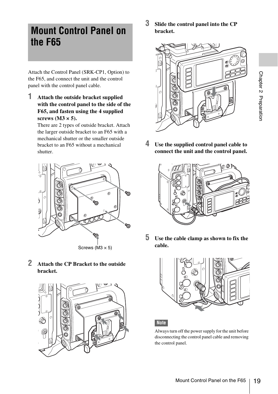 Mount control panel on the f65 | Sony VCT-SGR1 Shooting Grip User Manual | Page 19 / 61