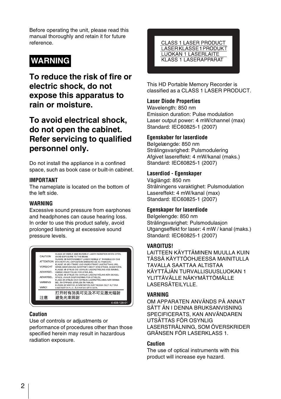 Warning | Sony VCT-SGR1 Shooting Grip User Manual | Page 2 / 61