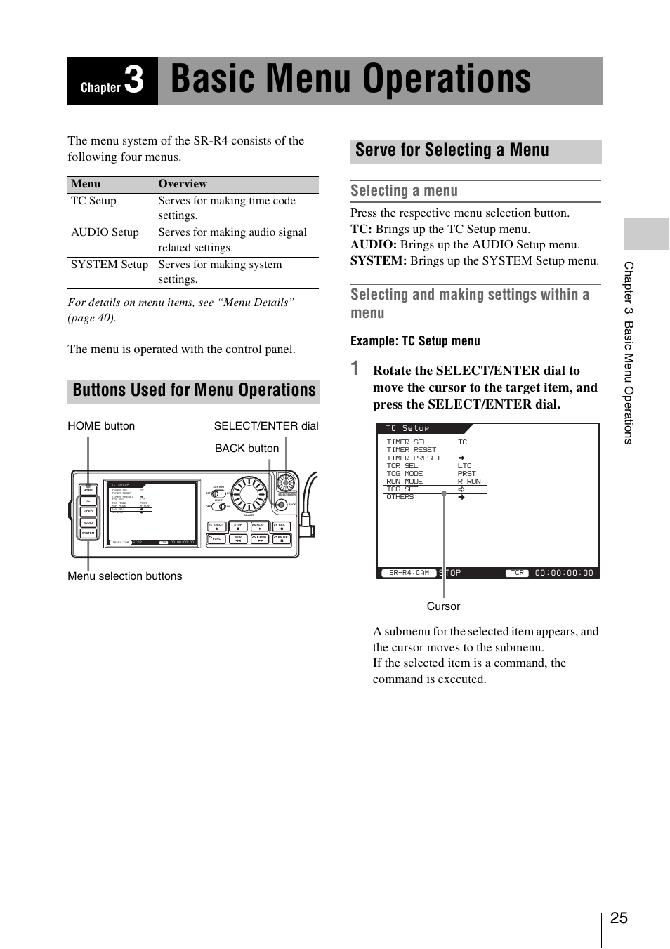 Chapter 3 basic menu operations, Buttons used for menu operations, Serve for selecting a menu | Chapter 3 : basic menu operations, Buttons used for menu, Operations, 3basic menu operations, Selecting a menu, Selecting and making settings within a menu, The menu is operated with the control panel | Sony VCT-SGR1 Shooting Grip User Manual | Page 25 / 61